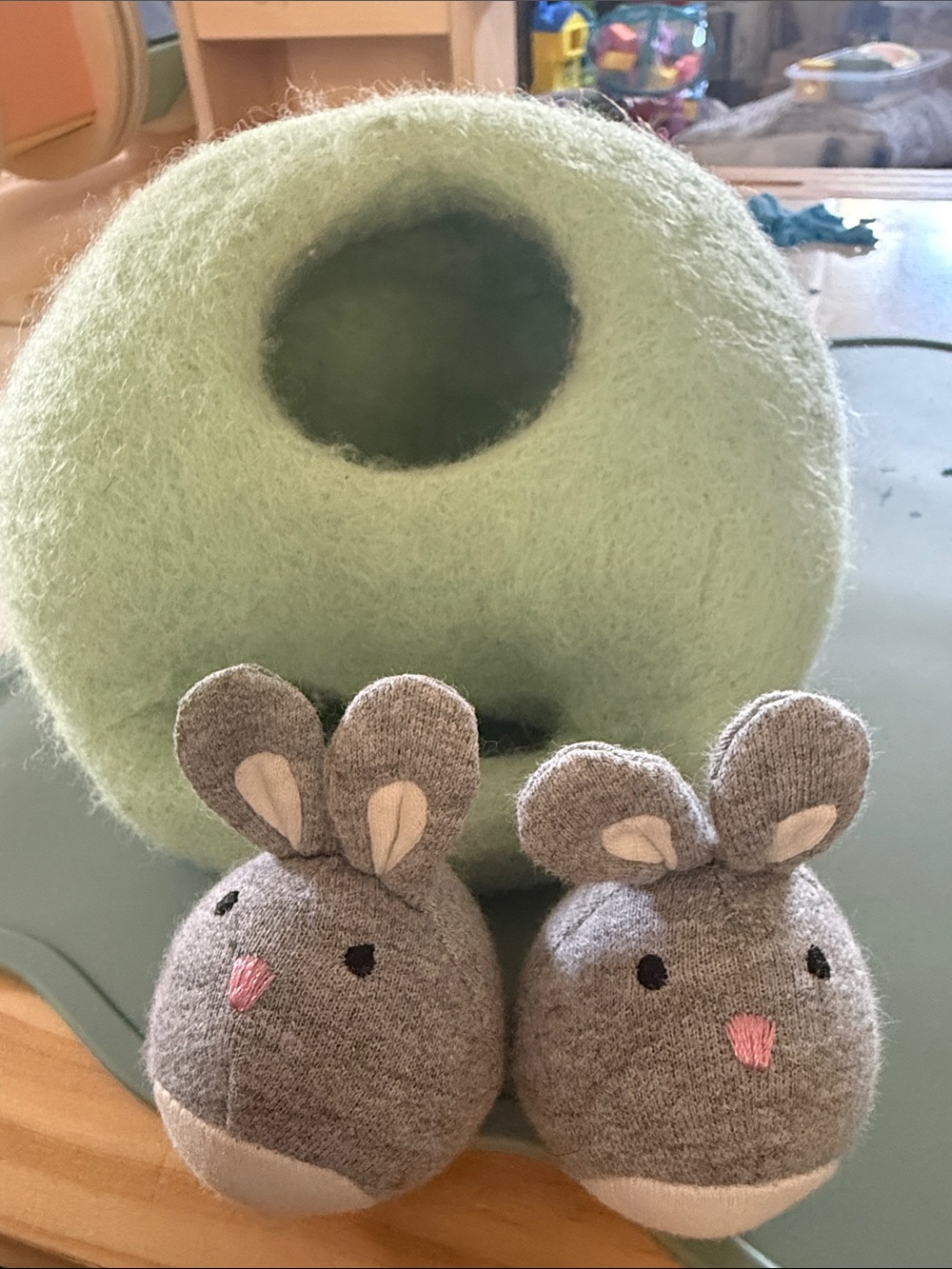 Green Felt Pet Cave with Gray Bunny Plush Toy Duo